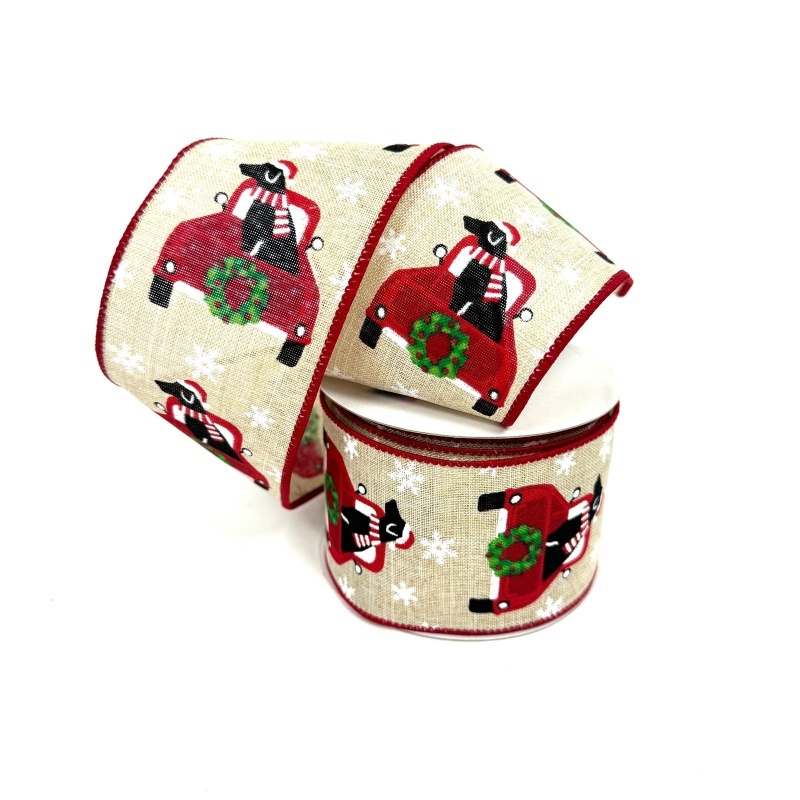 Natural Linen Dog Christmas Truck Wired Ribbon - 2 - 1/2 Inch X 10 Yards