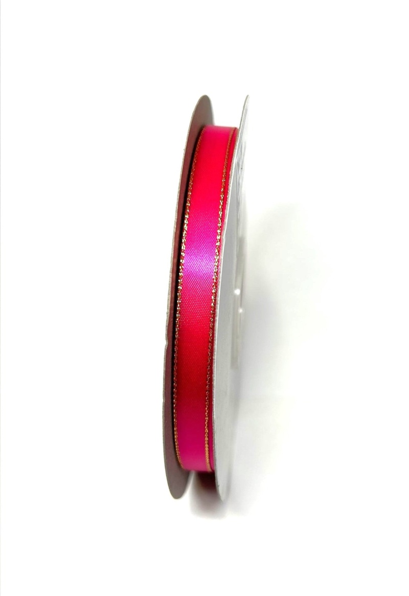 Satin Ribbon Lurex Edge Shocking Pink With Gold Edge ( W: 1/8 Inch | L: 100 Yards )