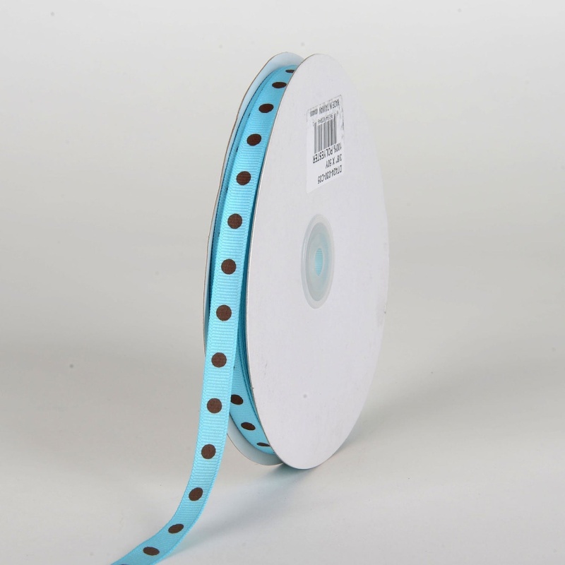 Grosgrain Ribbon Polka Dot Turquoise With Brown Dots ( W: 3/8 Inch | L: 50 Yards )