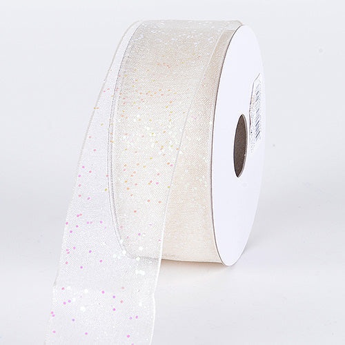 Organza Ribbon With Glitters Wired Edge Ivory Iridescent ( W: 5/8 Inch | L: 25 Yards )