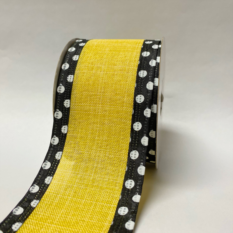 Yellow Linen Black White Dot Edge Ribbon - 2-1/2 Inch X 10 Yards