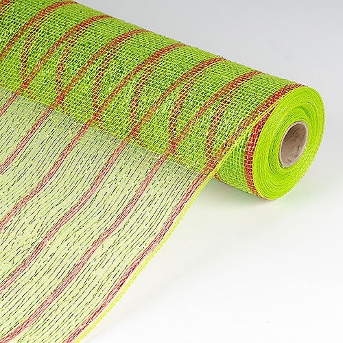 Apple Green With Red Lines - Holiday Floral Mesh Wraps - ( 21 Inch X 10 Yards )