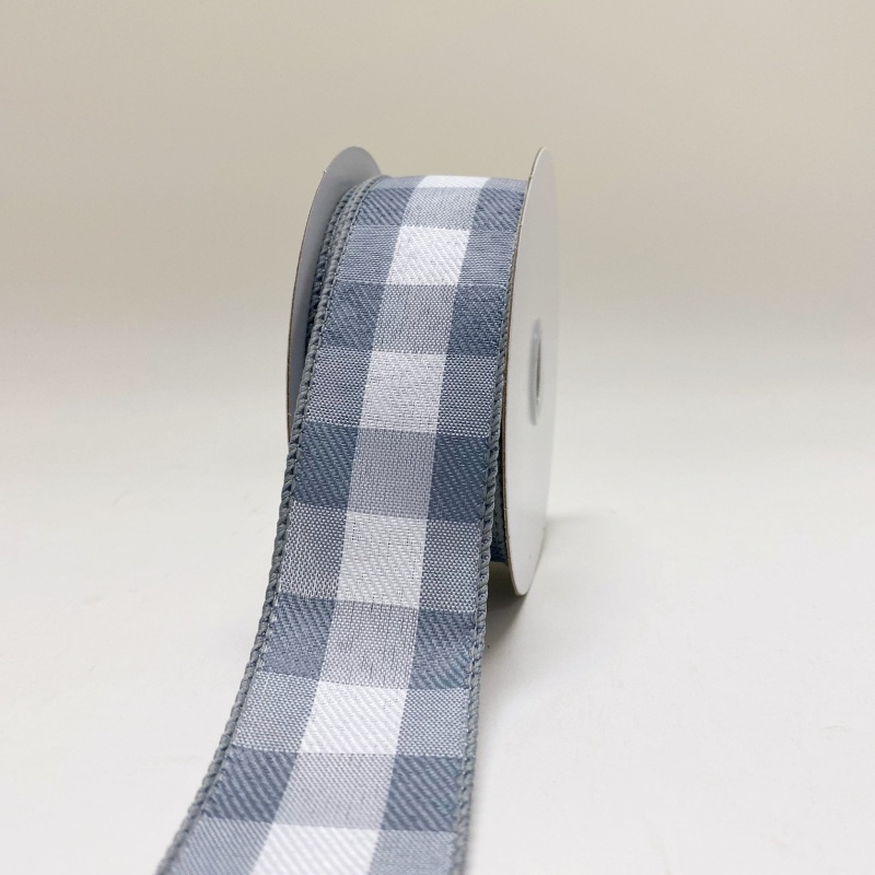 Grey White Checkered Wired Ribbon - 1 - 1/2 Inch X 10 Yards