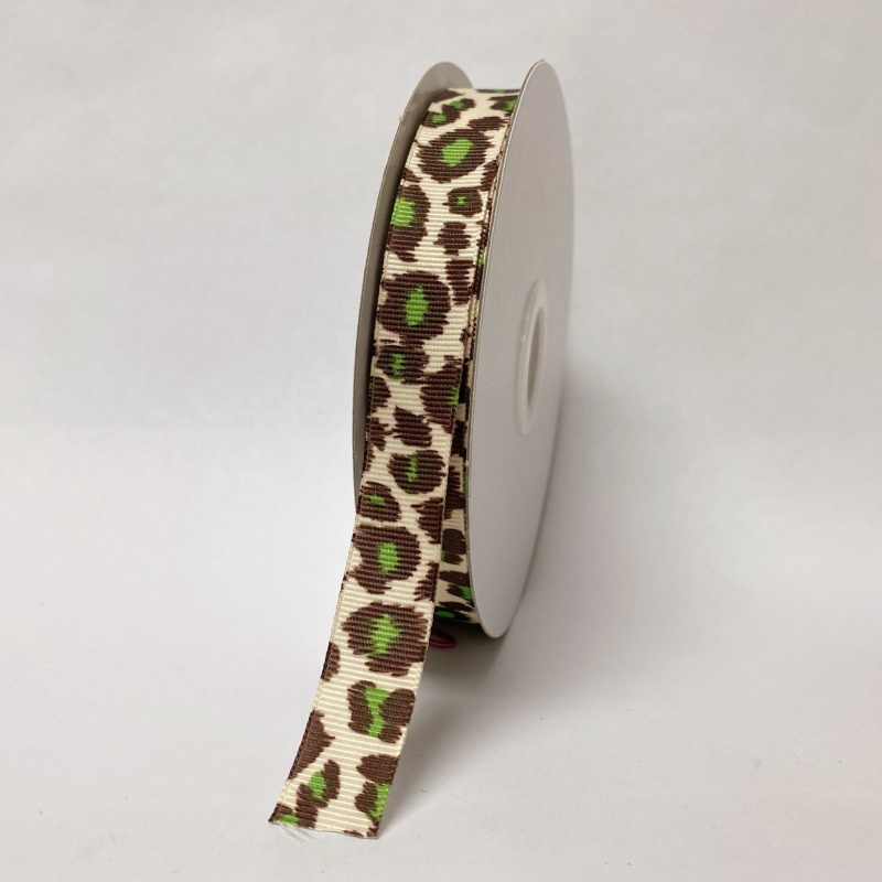 Grosgrain Ribbon Animal Print Fuzzy Leopard Green ( W: 5/8 Inch | L: 25 Yards )