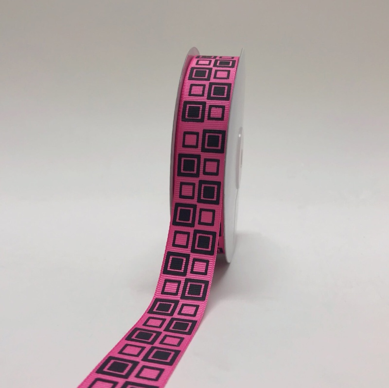 Hot Pink With Black - Square Design Grosgrain Ribbon ( 7/8 Inch | 25 Yards )