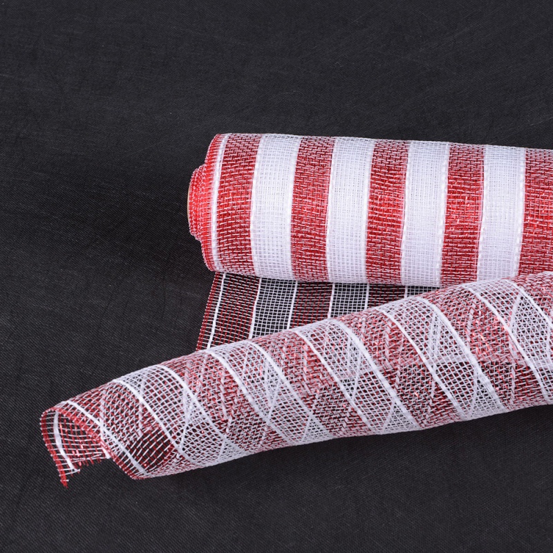 White With Red - Poly Deco Mesh Wrap With Laser Mono Stripe - ( 21 Inch X 10 Yards )