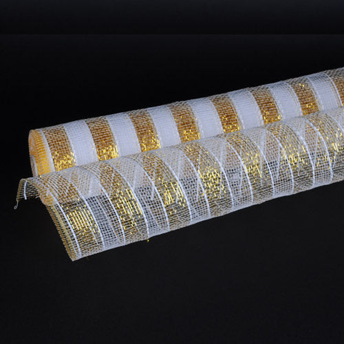 BBCrafts White with Gold - Deco Mesh Wrap Metallic Stripes - ( 10 inch x 10 Yards )