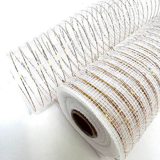 BBCrafts White with Gold - Deco Mesh Wrap Metallic Stripes - ( 10 inch x 10 Yards )
