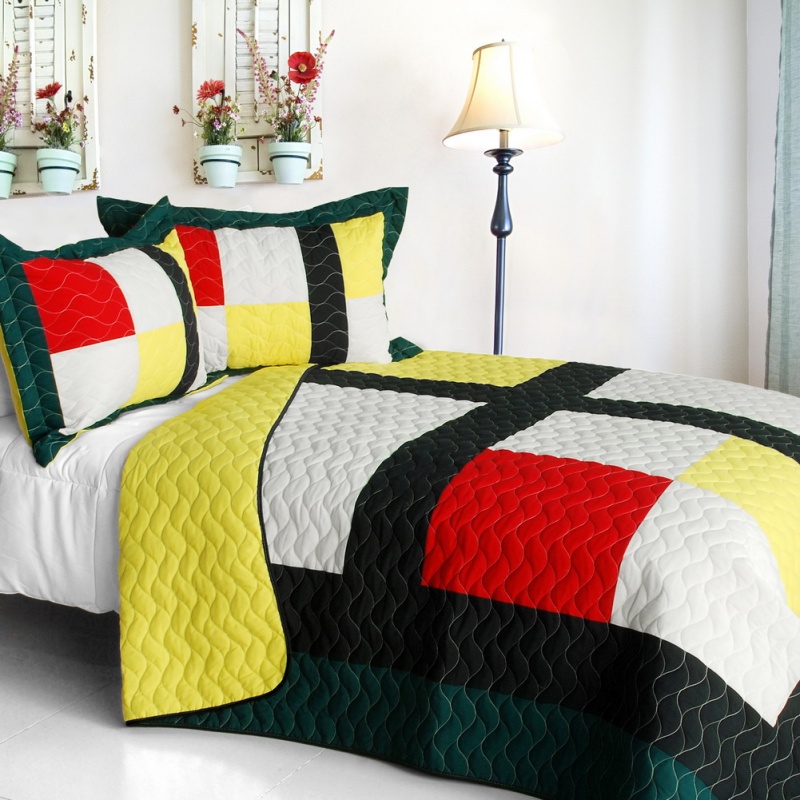 Vermicelli-Quilted Patchwork Geometric Quilt Set Full - Be Yourself