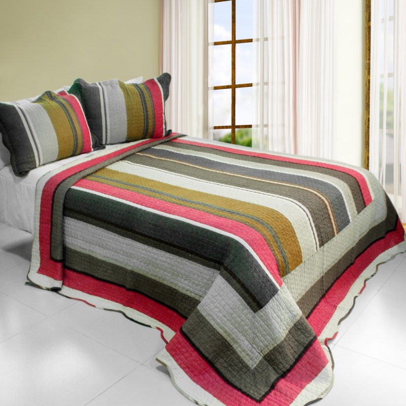 Cotton 3Pc Vermicelli-Quilted Printed Quilt Set - Multicolor Stripe