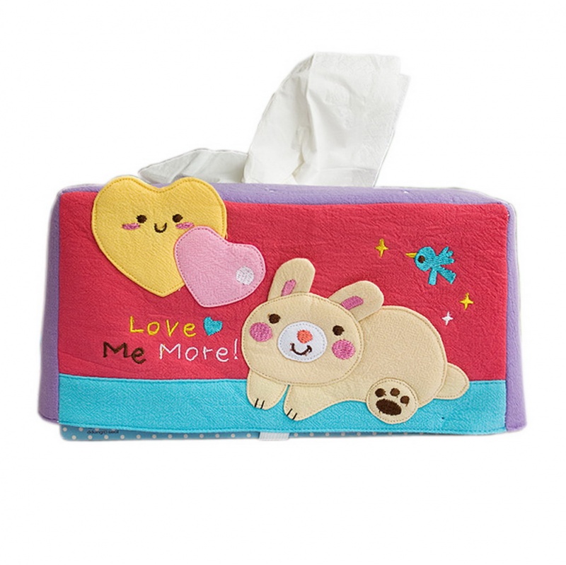 Embroidered Applique Fabric Art Tissue Box Cover Holder - Rabbit & Heart