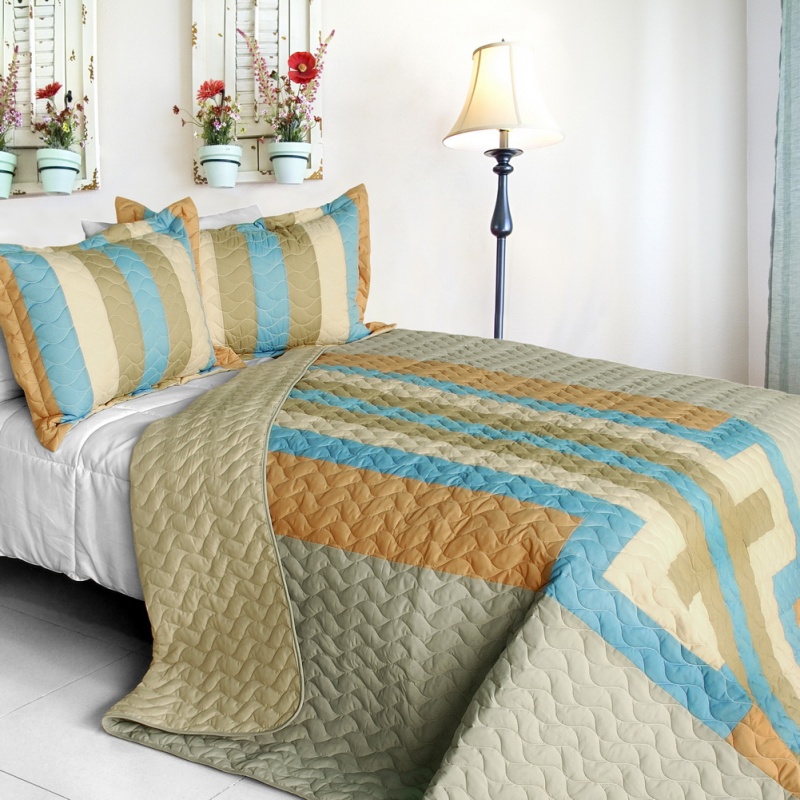 3Pc Vermicelli-Quilted Patchwork Quilt Set - Free Sunday