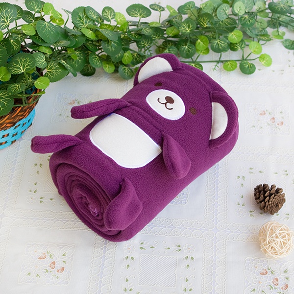 Embroidered Applique Coral Fleece Baby Throw Blanket - Happy Bear - Purple
