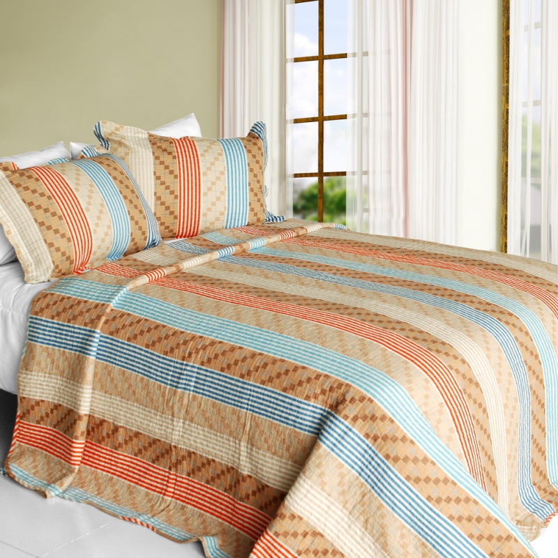 Cotton 3Pc Vermicelli-Quilted Striped Printed Quilt Set - Million Miles