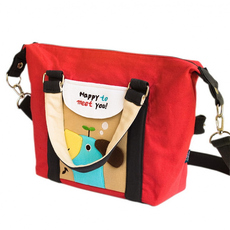 Embroidered Applique Duffle Tote Bag / Shoulder Bag - Blue Puppy - Red