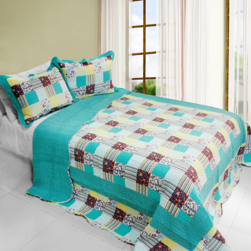 3Pc Cotton Vermicelli-Quilted Printed Quilt Set - Cool Spring