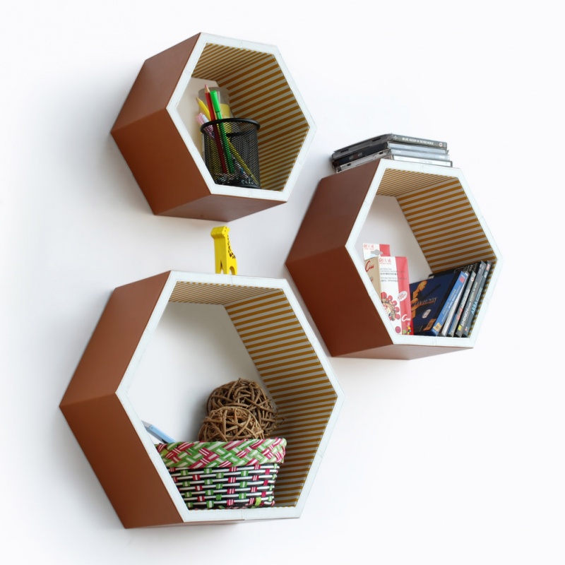 Hexagon Leather Wall Shelf / Bookshelf - Rural Life