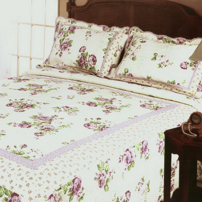100% Cotton 3Pc Floral Vermicelli-Quilted Patchwork Quilt Set - Rowena