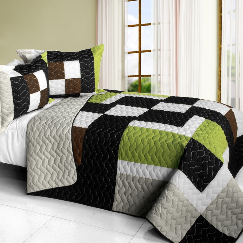 3Pc Vermicelli - Quilted Patchwork Quilt Set - Earth Chant