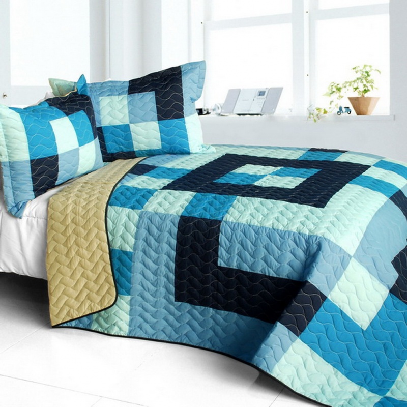 3Pc Vermicelli-Quilted Patchwork Quilt Set - Ocean Star