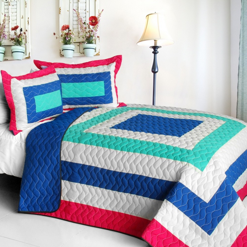 Vermicelli-Quilted Patchwork Geometric Quilt Set Full - Sea's Passion