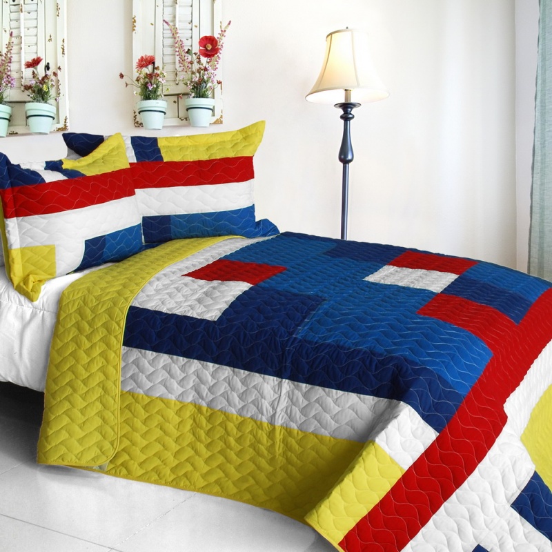 Vermicelli-Quilted Patchwork Geometric Quilt Set Full - Marionnaud