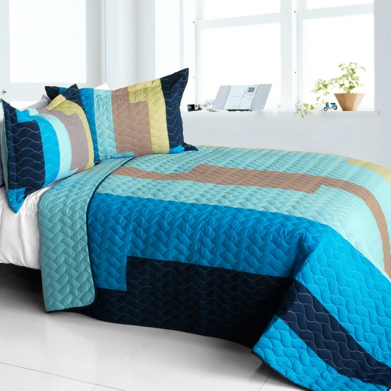 Vermicelli-Quilted Patchwork Striped Quilt Set Full - Classic Playbook - a
