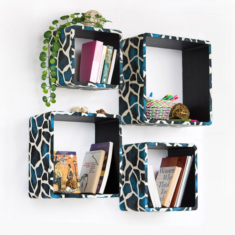 Square Leather Wall Shelf / Bookshelf - Blue Giraffe