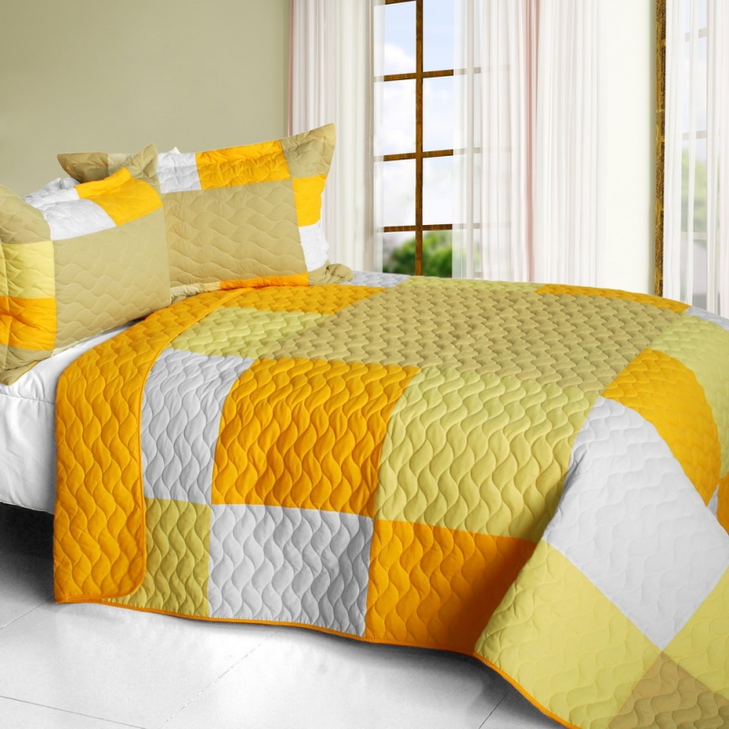 Vermicelli-Quilted Patchwork Plaid Quilt Set Full - Gorgeous Sunshine