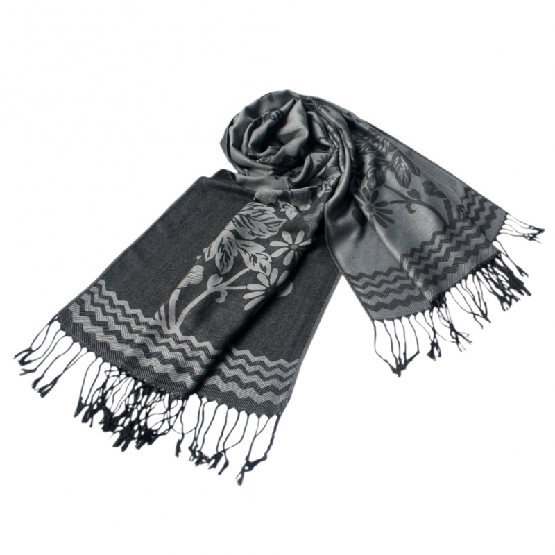 Slate Gray Base Peony Flowers Patterns Exquisitely Soft Woven Pashmina/Shawl/Scarf