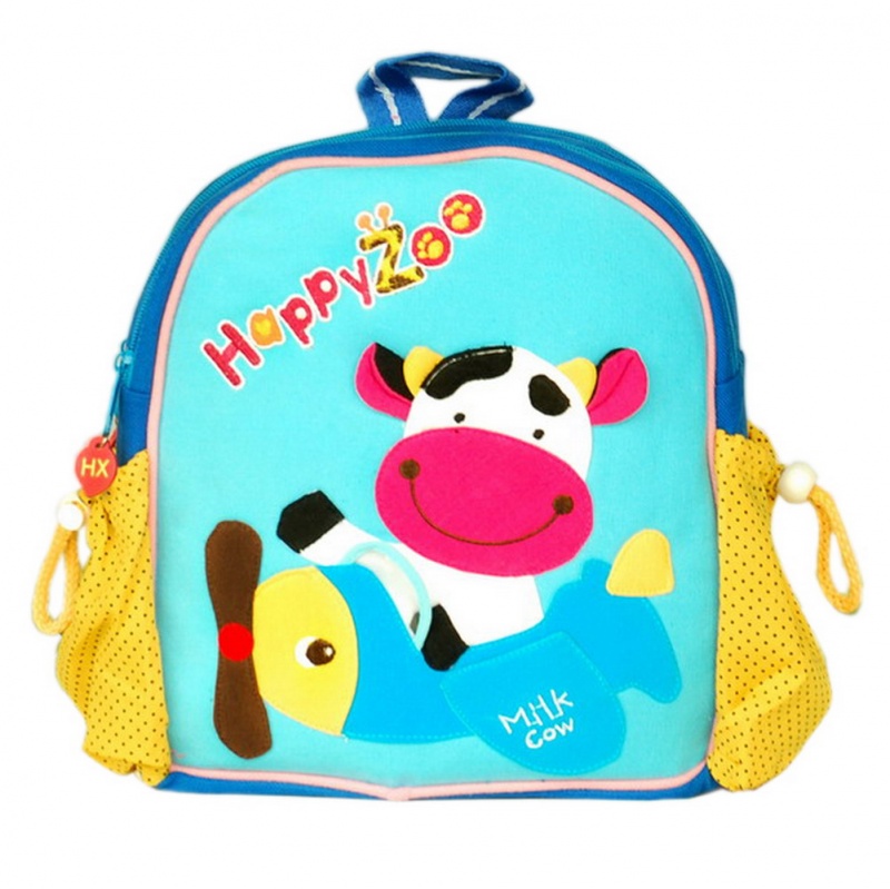 Embroidered Applique Kids Fabric Art School Backpack - Flying Cow