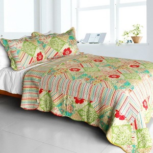 Cotton 3Pc Vermicelli-Quilted Floral Patchwork Quilt Set - Springtime Hills