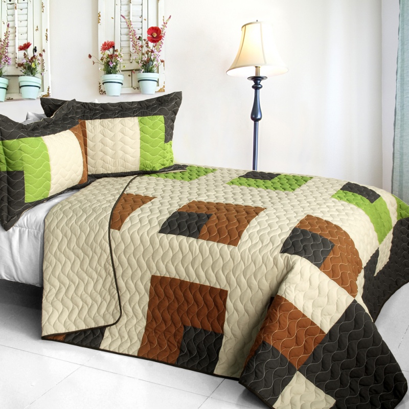 3Pc Vermicelli - Quilted Patchwork Quilt Set - Initial Dream