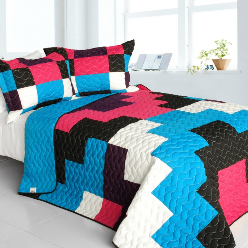Vermicelli-Quilted Patchwork Geometric Quilt Set Full - Gonna Lie
