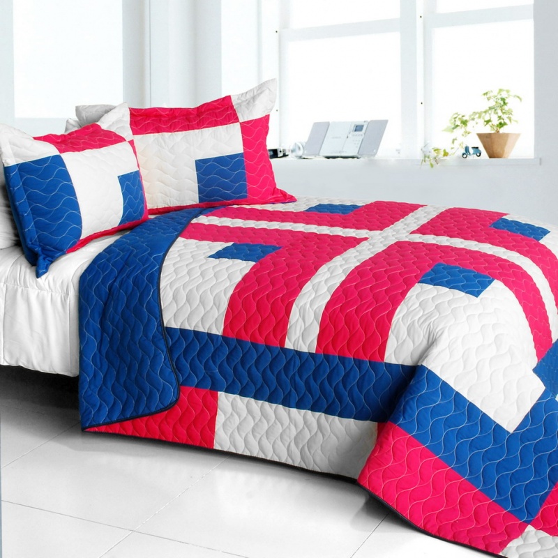 Vermicelli-Quilted Patchwork Geometric Quilt Set Full - Beginning