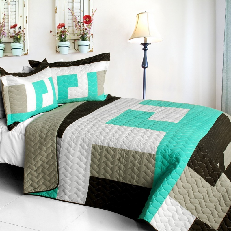Vermicelli-Quilted Patchwork Geometric Quilt Set Full - Tetris - b