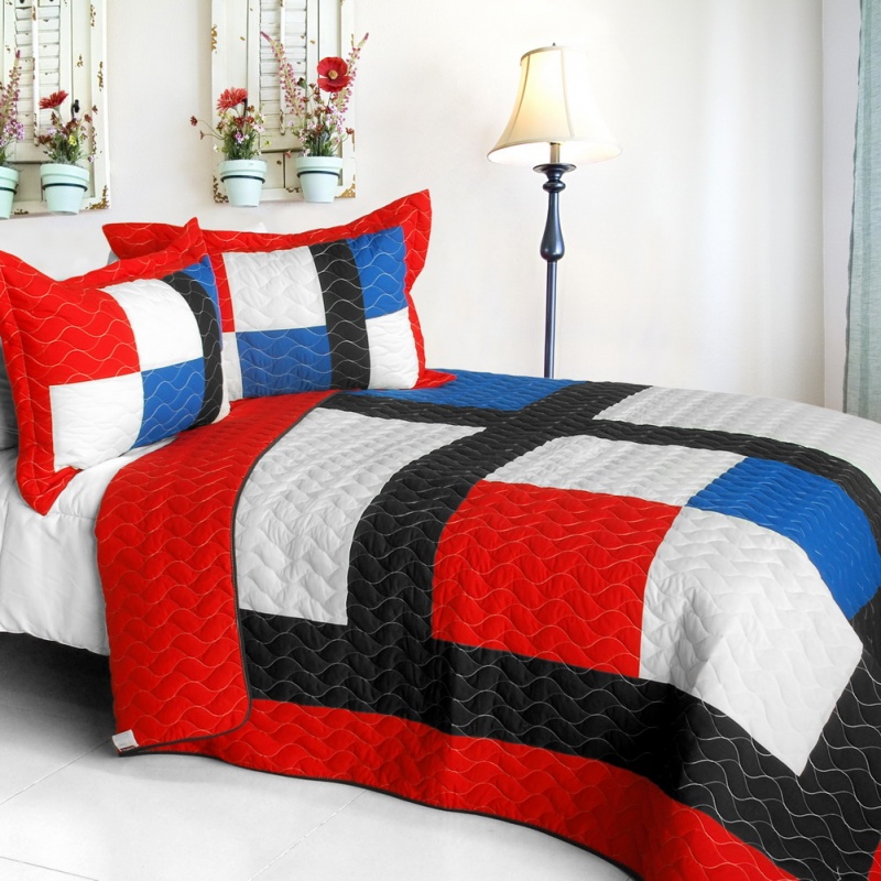 Vermicelli-Quilted Patchwork Geometric Quilt Set Full - Be Myself