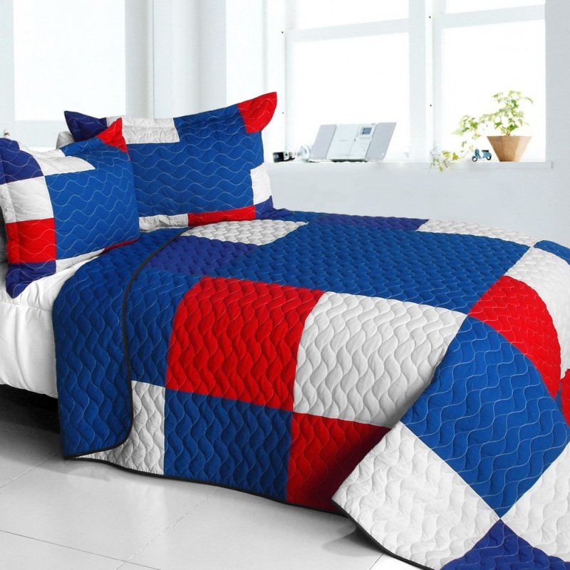 Vermicelli-Quilted Patchwork Plaid Quilt Set Full - Gorgeous Blue