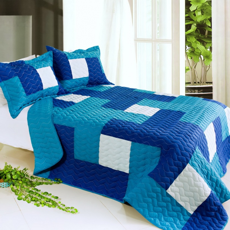 3Pc Vermicelli-Quilted Patchwork Quilt Set - Blue Hour
