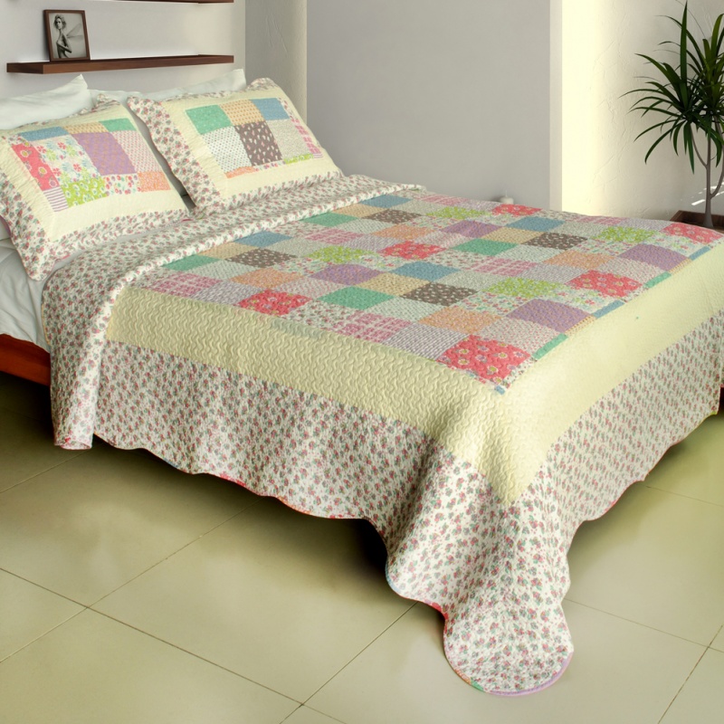 100% Cotton 3Pc Vermicelli-Quilted Patchwork Quilt Set - Sunny Travel