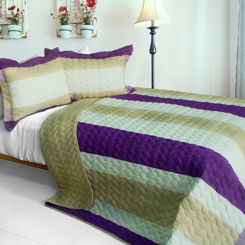3Pc Vermicelli-Quilted Patchwork Quilt Set - Waves Of Rays