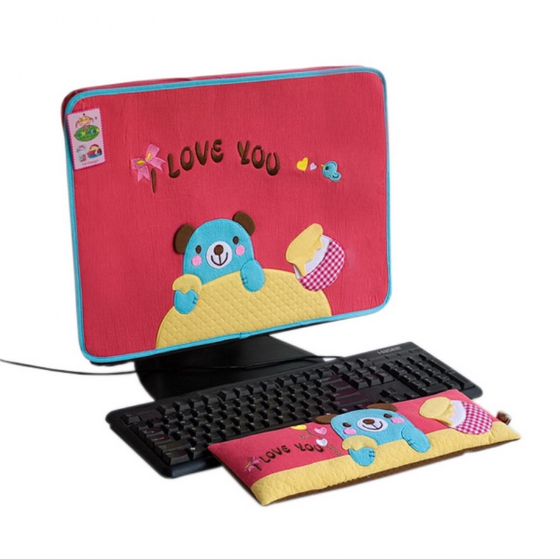 Embroidered Applique Fabric Art 17 Inch Monitor Screen Cover & Wrist Rest Pad - Blue Bear-Red