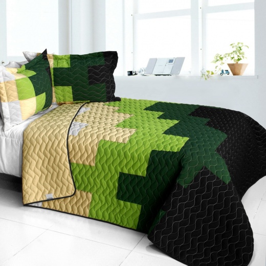 Brand New Vermicelli-Quilted Patchwork Quilt Set Full - Evergreen Tree