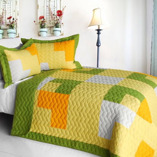 Vermicelli-Quilted Patchwork Geometric Quilt Set Full - Zing