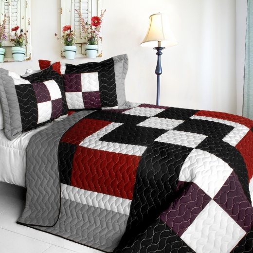 3Pc Vermicelli Quilted Patchwork Quilt Set - Classical Sentiment