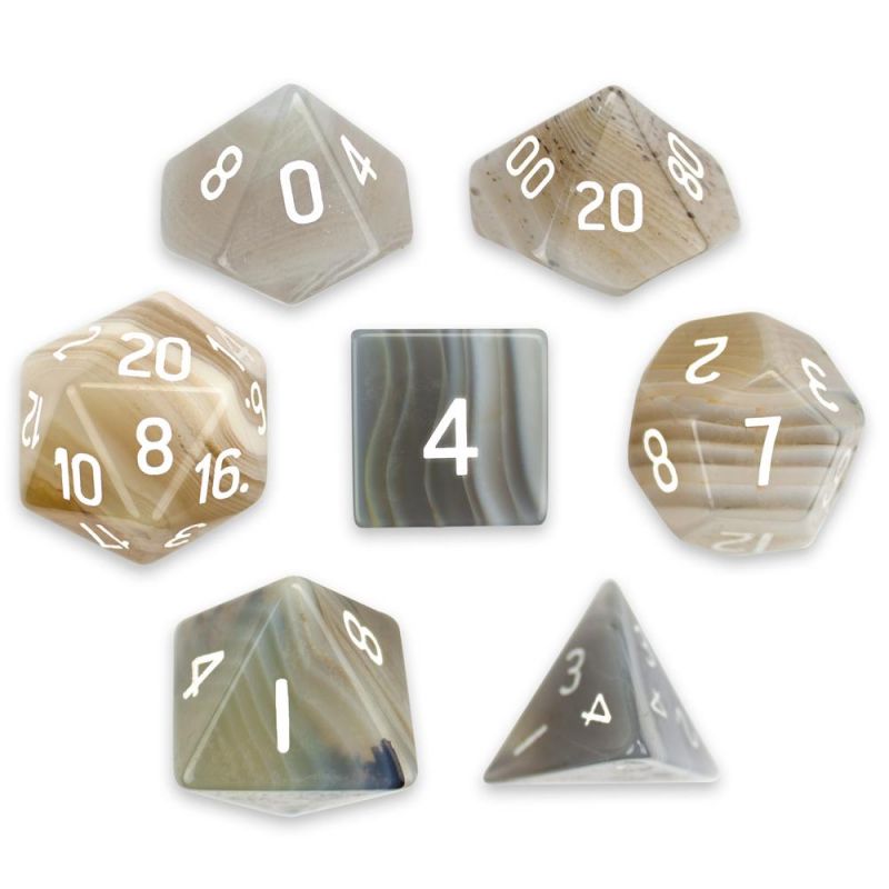 Set Of 7 Handmade Stone Polyhedral Dice, Gray Agate