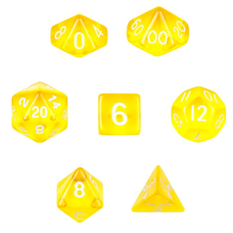 7 Die Polyhedral Set In Velvet Pouch-Translucent Yellow