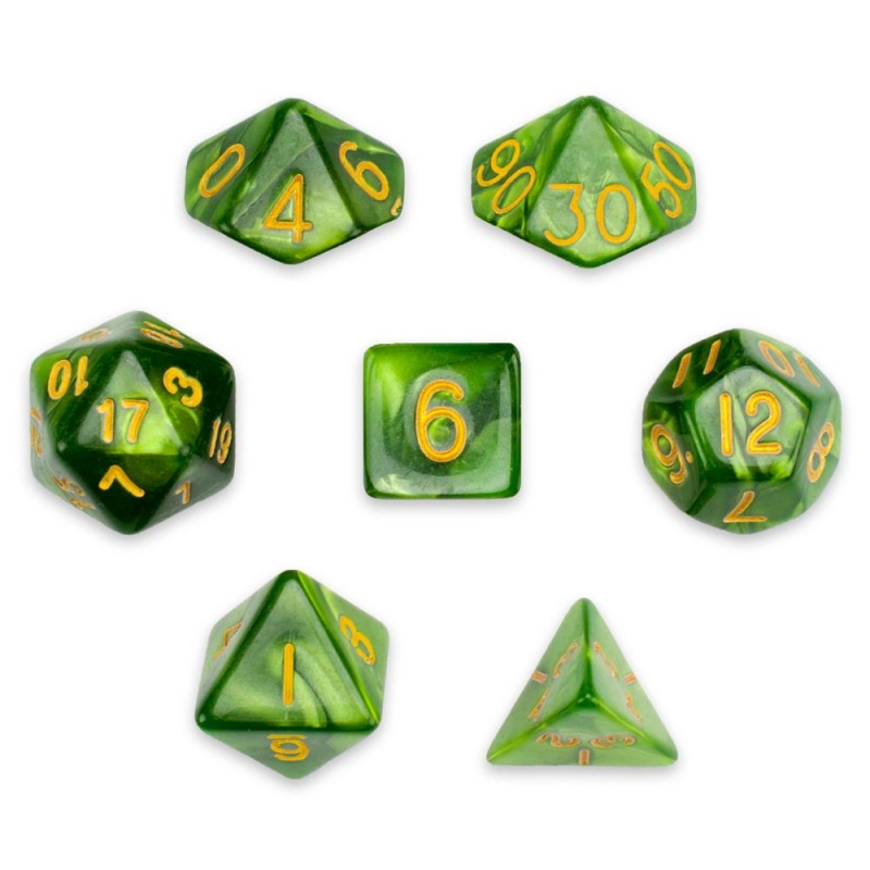 7 Die Polyhedral Set In Velvet Pouch, Jade Oil