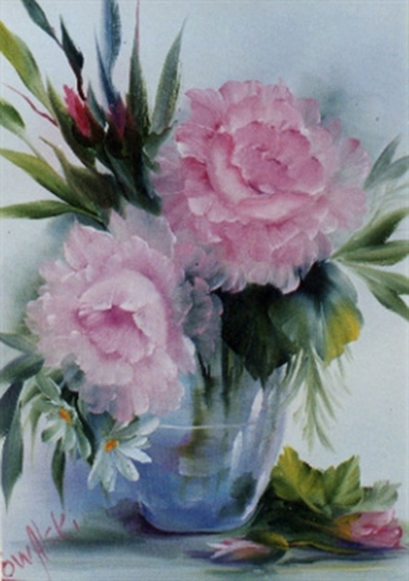 Bob Ross Pink Roses In Glass