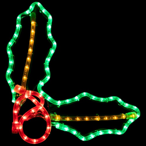 Led Rope Light 2 Leaf Holly Motif - Lighted Silhouette - Green, Yellow, And Red - 12 Inch